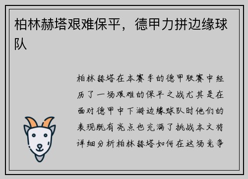 柏林赫塔艰难保平，德甲力拼边缘球队