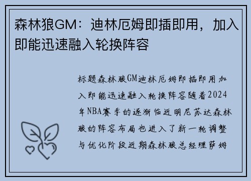 森林狼GM：迪林厄姆即插即用，加入即能迅速融入轮换阵容