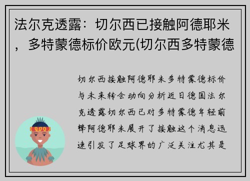 法尔克透露：切尔西已接触阿德耶米，多特蒙德标价欧元(切尔西多特蒙德欧冠历史)